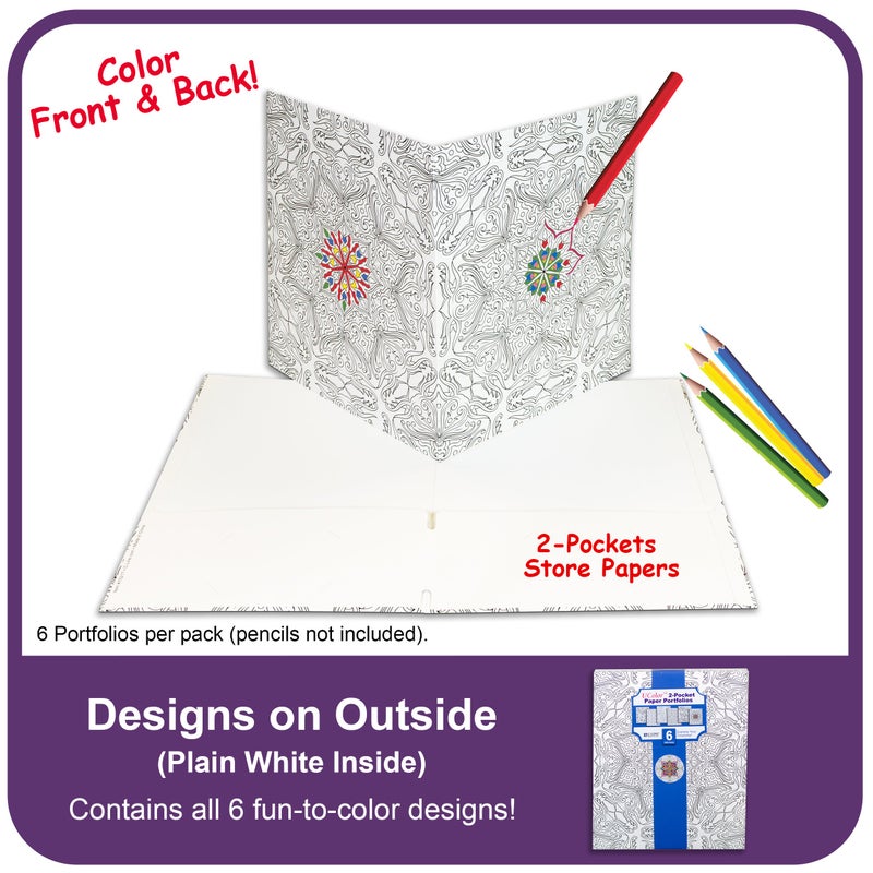 C-Line UColor Two Pocket Coloring Folders, Set of 6 Assorted Adult Patterns (15217) White - Image 4